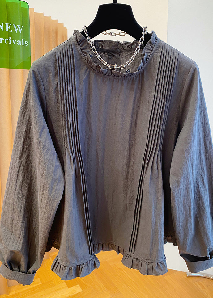 Patchwork Fall Grey Cotton Ruffled Shirt French