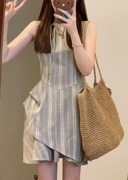 French Cotton Grey Striped Mini Lace Dress Up Sleeveless