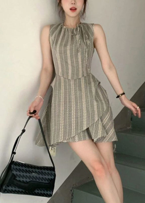 French Cotton Grey Striped Mini Lace Dress Up Sleeveless