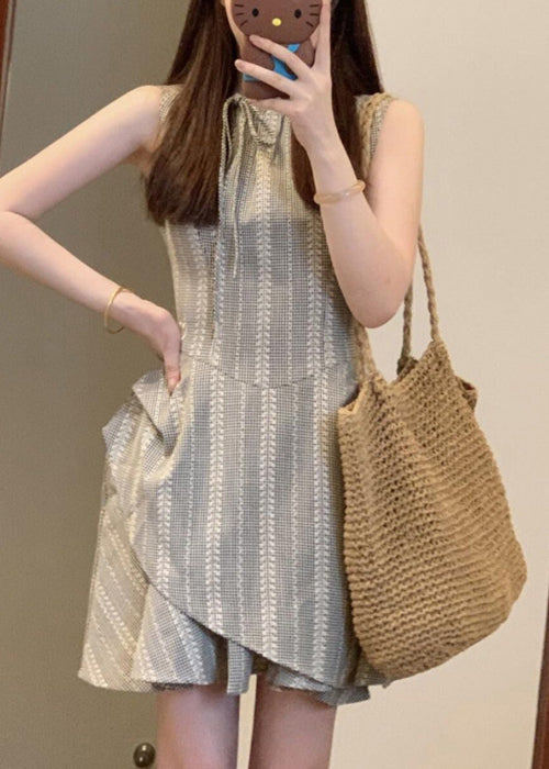 French Cotton Grey Striped Mini Lace Dress Up Sleeveless