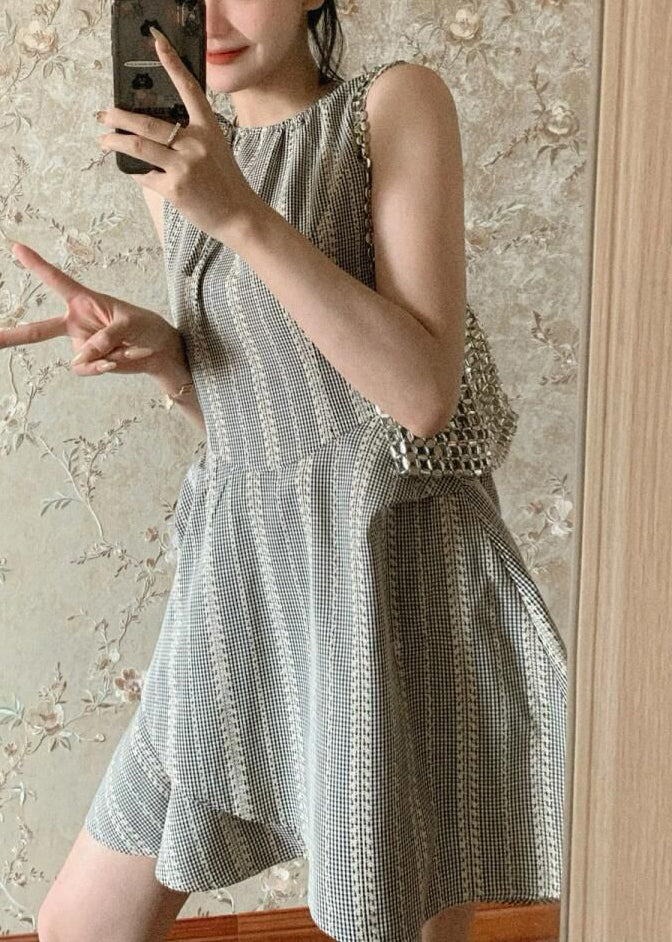 French Cotton Grey Striped Mini Lace Dress Up Sleeveless