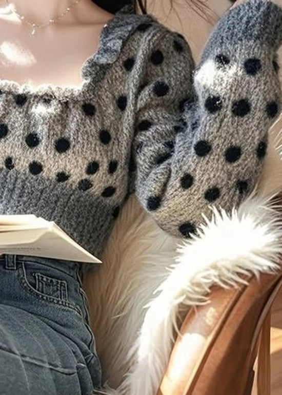 French Grey U Neck Ruffled Dot Knit Sweaters Spring TN035