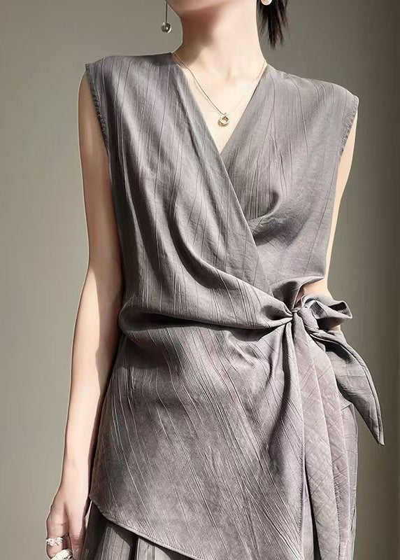 Shirt Lace Neck Grey Cotton V Sleeveless Up French