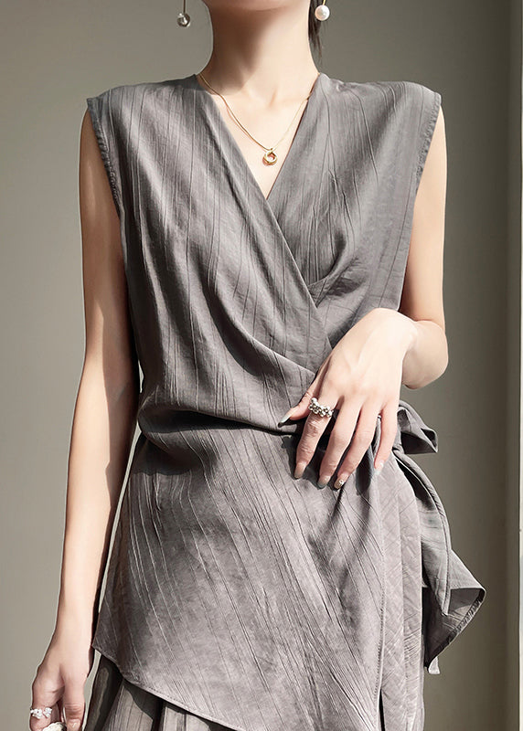 Shirt Lace Neck Grey Cotton V Sleeveless Up French