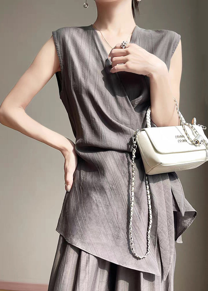 Shirt Lace Neck Grey Cotton V Sleeveless Up French