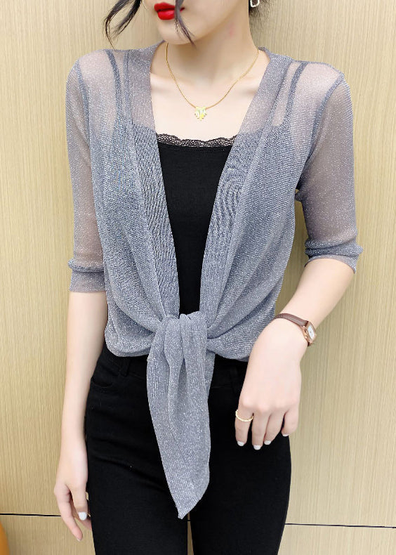 French Grey V Neck Lace Up Tulle Cardigan Summer Ada Fashion