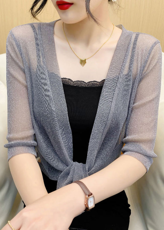 French Grey V Neck Lace Up Tulle Cardigan Summer Ada Fashion