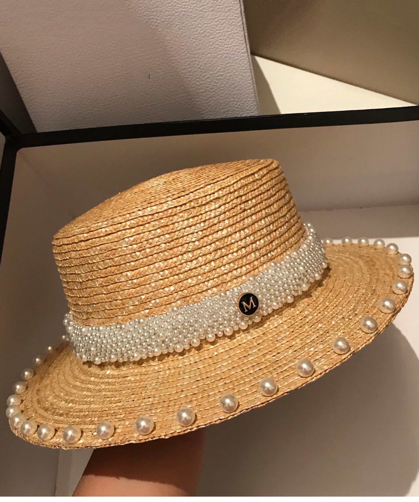 Vacation Handmade Woven French Straw Hat Pearl