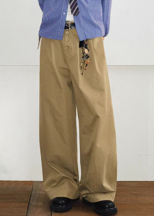 Solid Cotton Pockets French Pants Summer Button Mens Khaki