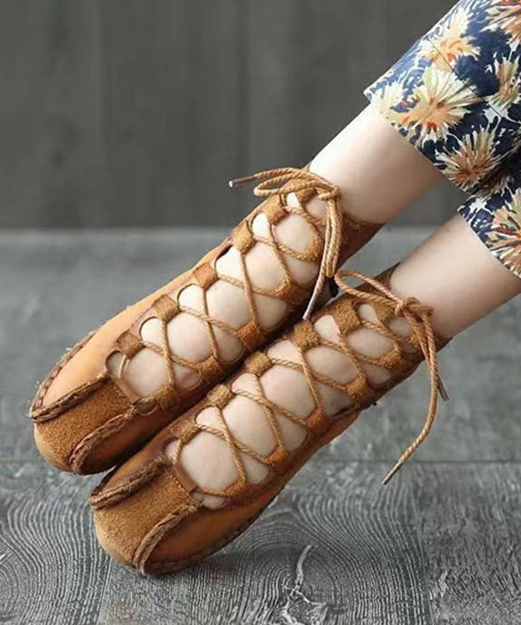 French Khaki Hollow Out Lace Up Cowhide Leather Flats Feet Shoes RT1049