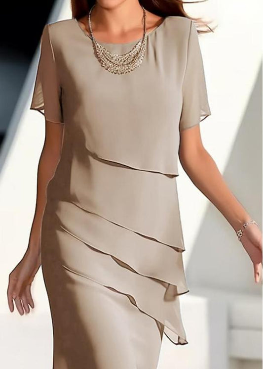 Dresses French Chiffon O-Neck Maxi Solid Layered Khaki Short