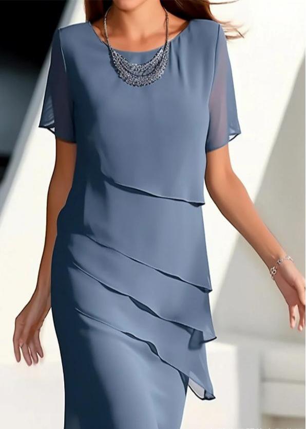 Solid French Maxi O-Neck Dresses Short Khaki Layered Chiffon