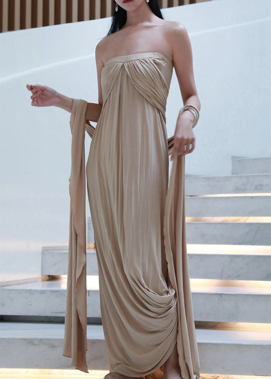 Shoulder French Khaki The Dresses Long Off Wrinkled Cotton