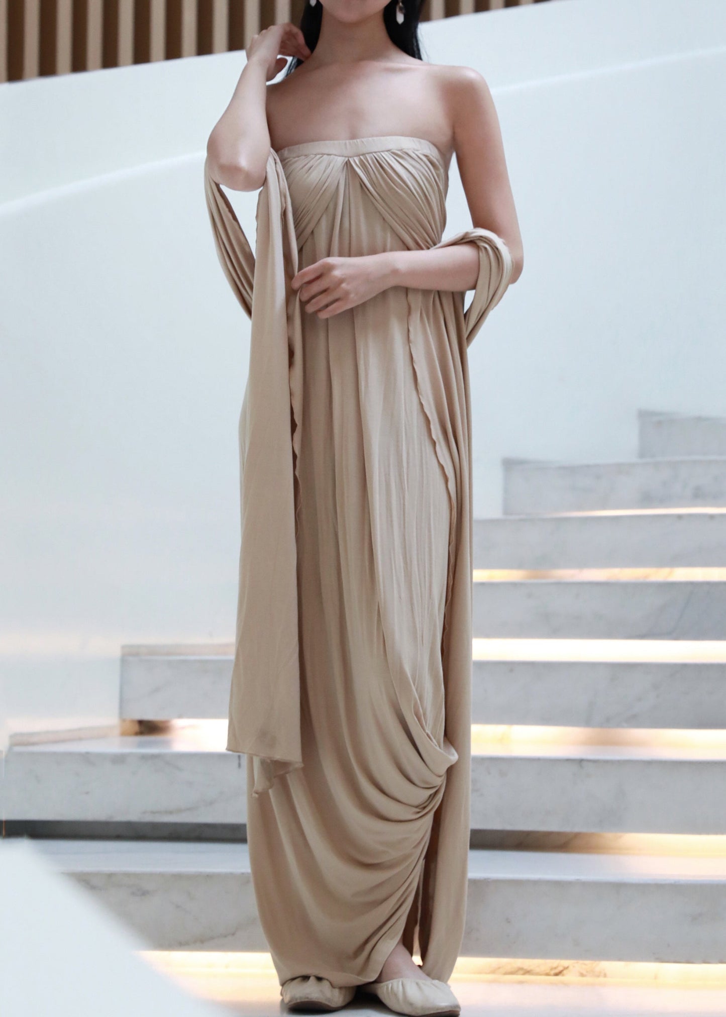 Shoulder French Khaki The Dresses Long Off Wrinkled Cotton