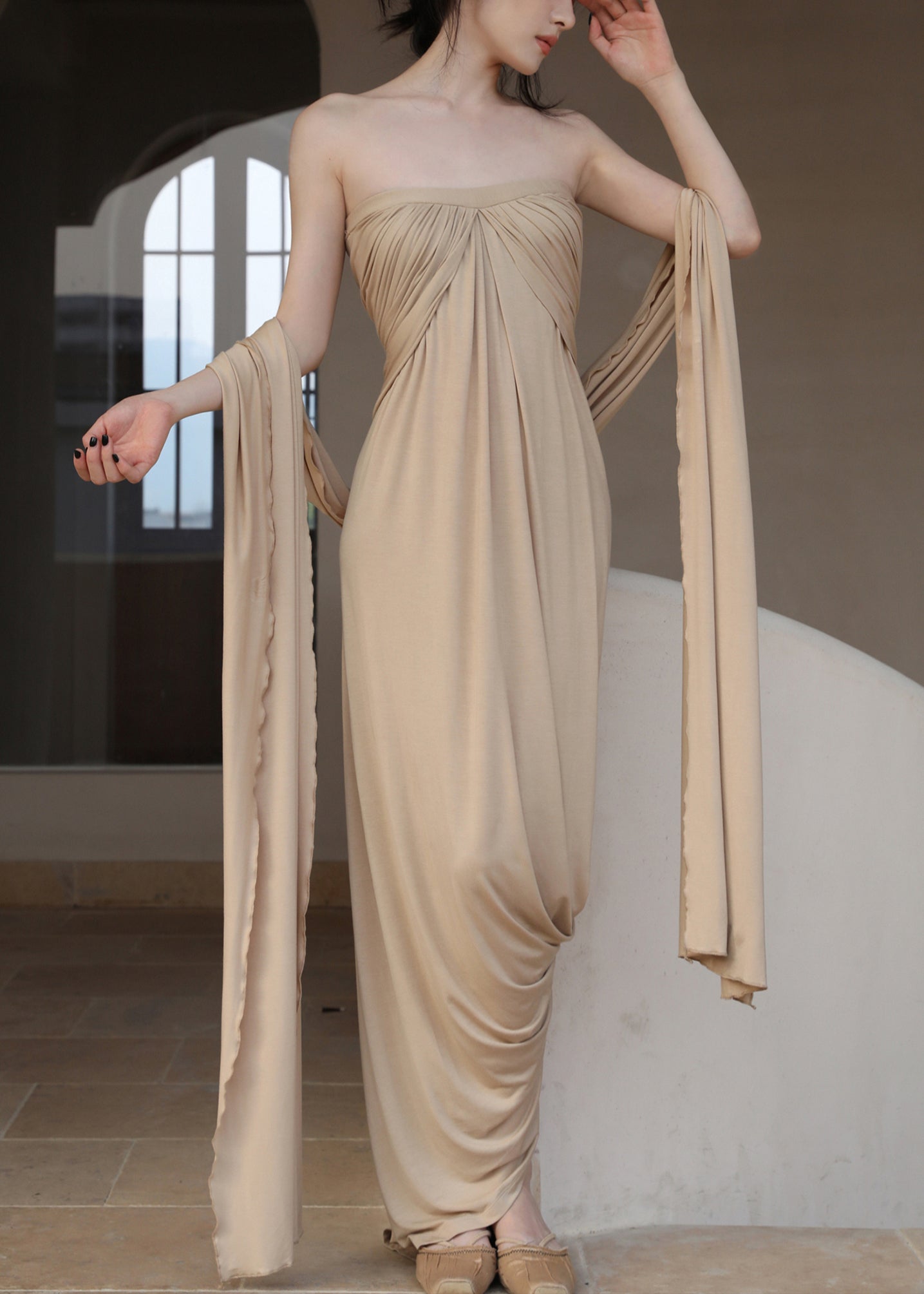 Shoulder French Khaki The Dresses Long Off Wrinkled Cotton