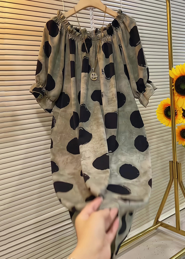 Ruffled Dot Butterfly Cotton Sleeve Khaki French Dress