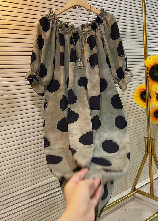 Ruffled Dot Butterfly Cotton Sleeve Khaki French Dress