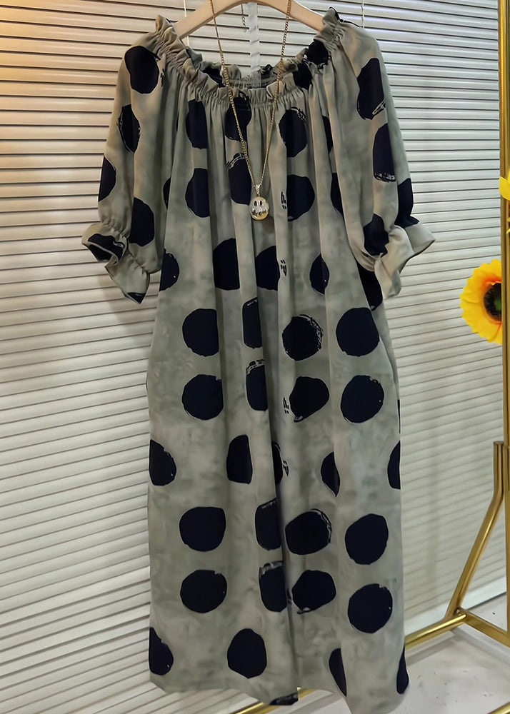 Ruffled Dot Butterfly Cotton Sleeve Khaki French Dress