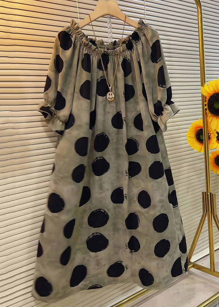 Ruffled Dot Butterfly Cotton Sleeve Khaki French Dress