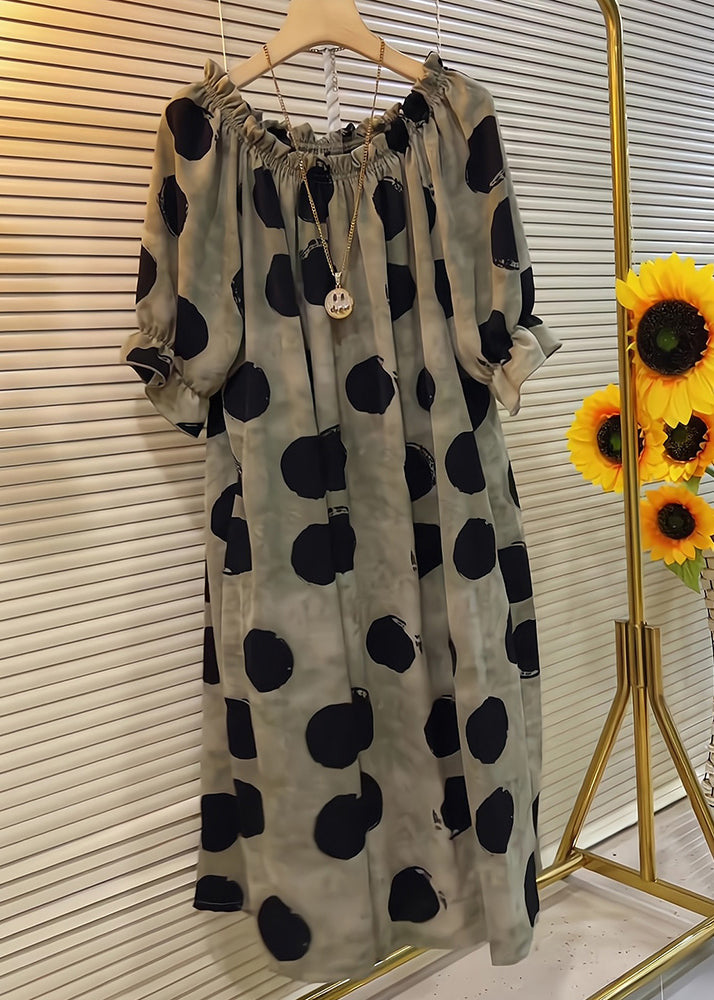 Ruffled Dot Butterfly Cotton Sleeve Khaki French Dress