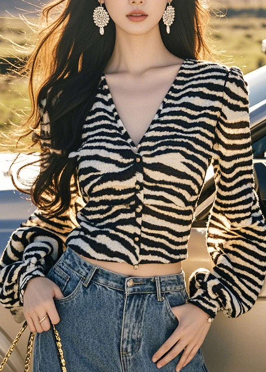 Button French Tops Lantern Sleeve V Leopard Neck