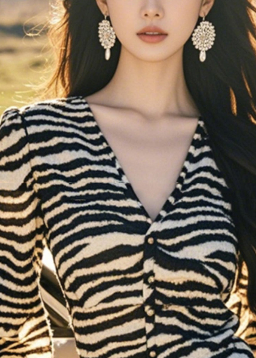 Button French Tops Lantern Sleeve V Leopard Neck