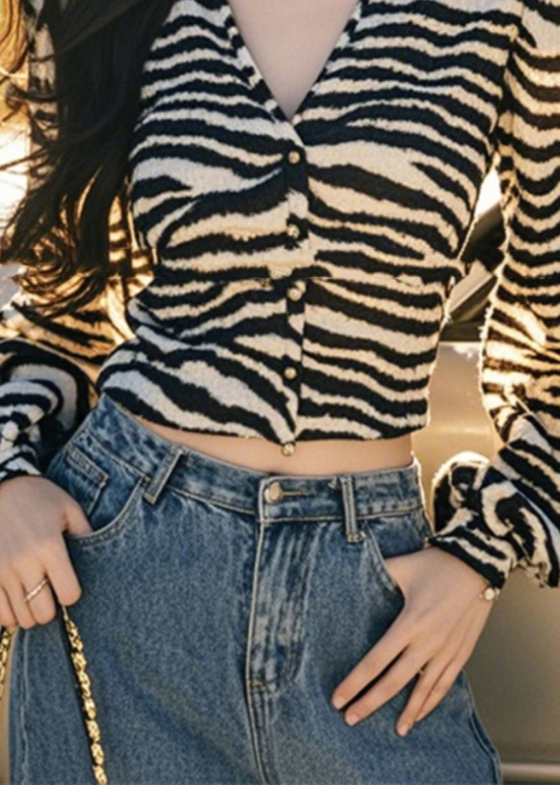 Button French Tops Lantern Sleeve V Leopard Neck