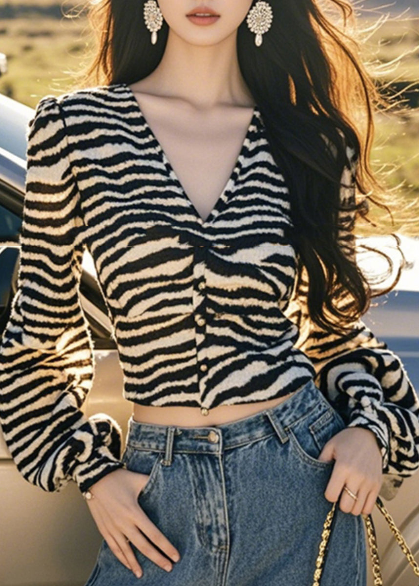 Button French Tops Lantern Sleeve V Leopard Neck