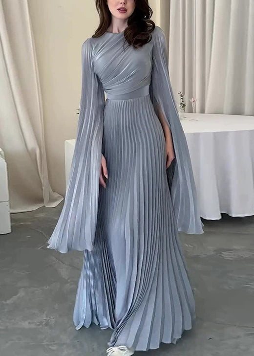 Blue Light Party Dress Cotton Waist High Spring Wrinkled French