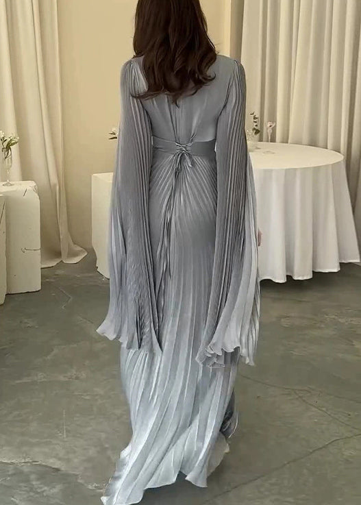 Blue Light Party Dress Cotton Waist High Spring Wrinkled French