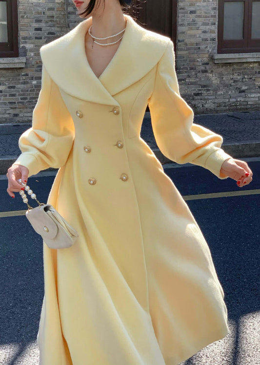 French Light Yellow Peter Pan Collar Double Breast Woolen Coat Spring TH044