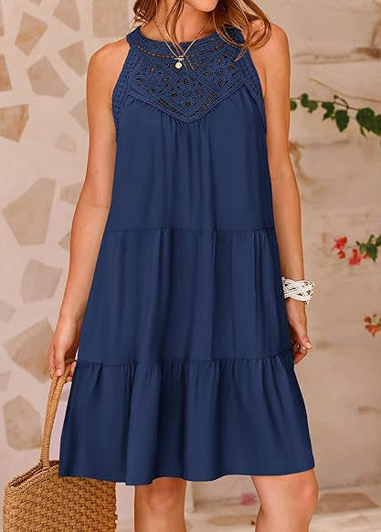 Out French Cotton Dress Hollow Line A Navy Sleeveless