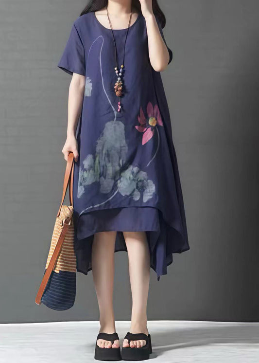 Navy Layered Oversized French Dress Summer Print Linen