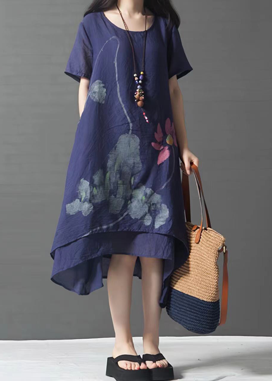 Navy Layered Oversized French Dress Summer Print Linen
