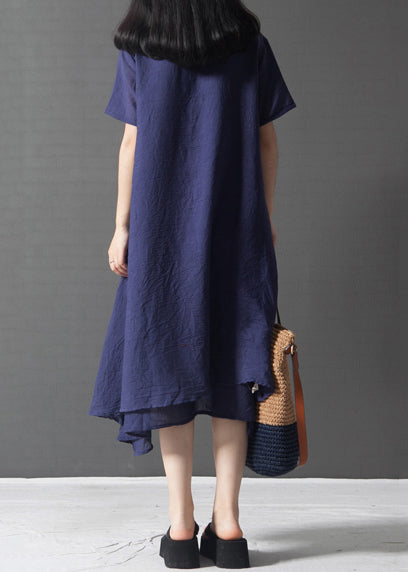 Navy Layered Oversized French Dress Summer Print Linen