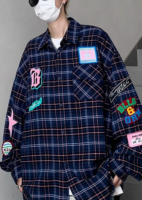 French Spring Navy Pockets Cotton Shirt Plaid Men