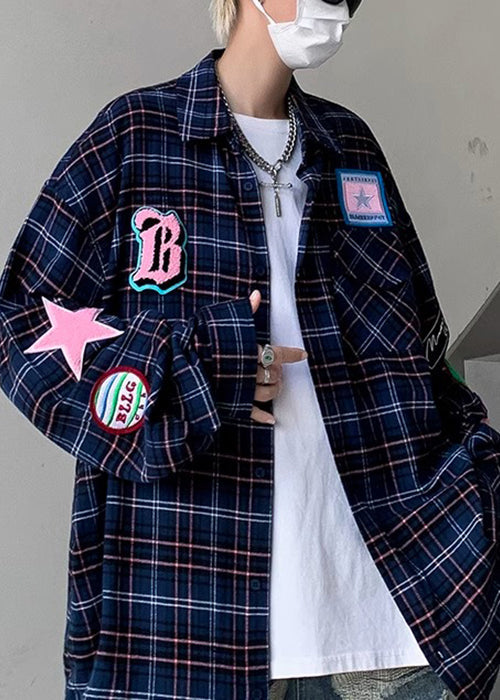 Men Cotton Shirt Plaid French Spring Pockets Navy