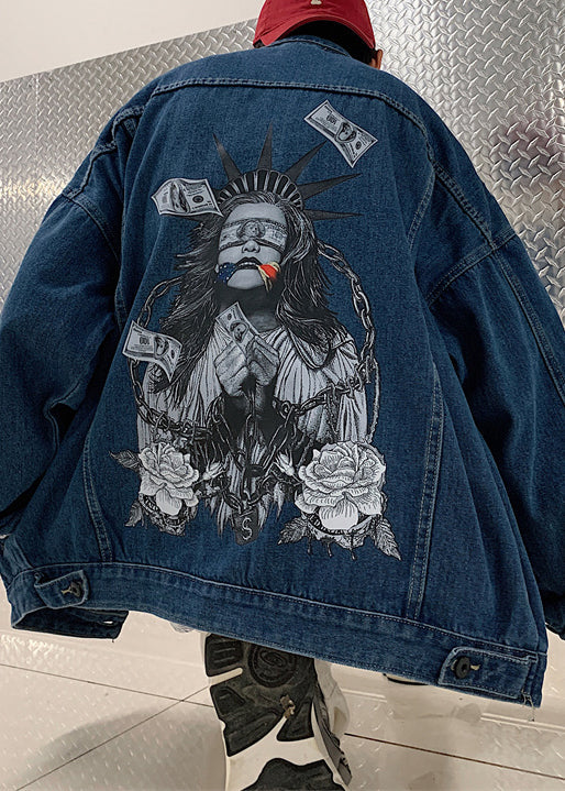 French Navy Print Button Pockets Denim Men Coats Spring TC041