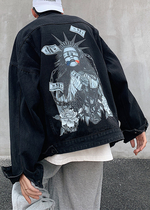 French Navy Print Button Pockets Denim Men Coats Spring TC041