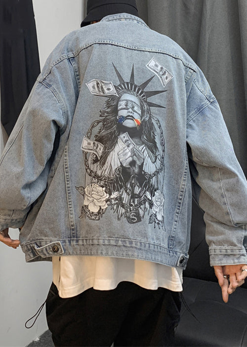 French Navy Print Button Pockets Denim Men Coats Spring TC041