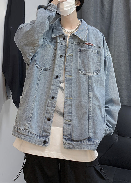 French Navy Print Button Pockets Denim Men Coats Spring TC041