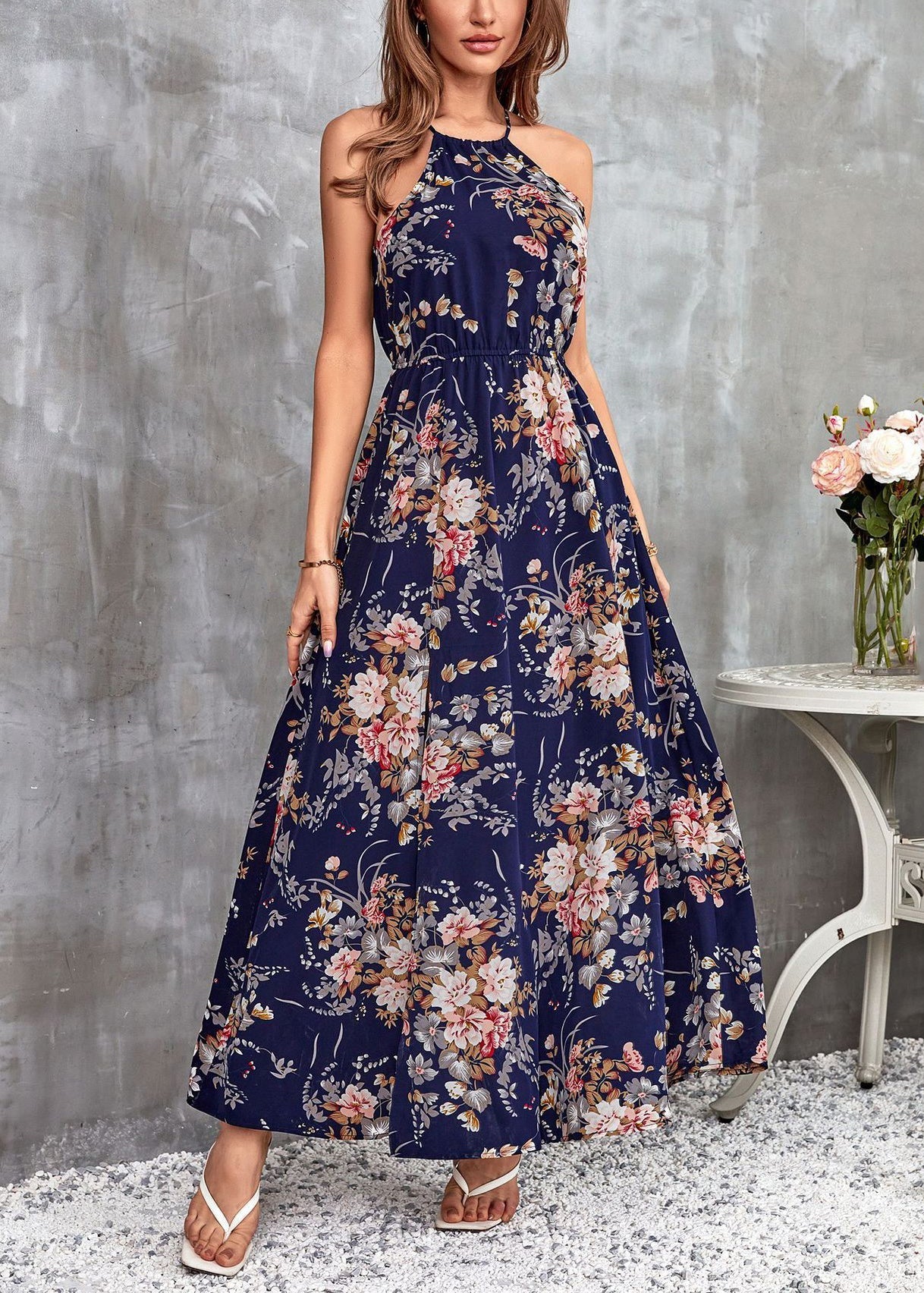 French Navy Print Side Open Cotton Long Dresses Sleeveless WW1048