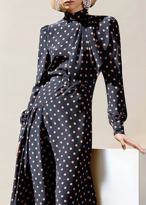 French Navy Zippered Dot High Waist Chiffon Long Dress Fall QR034