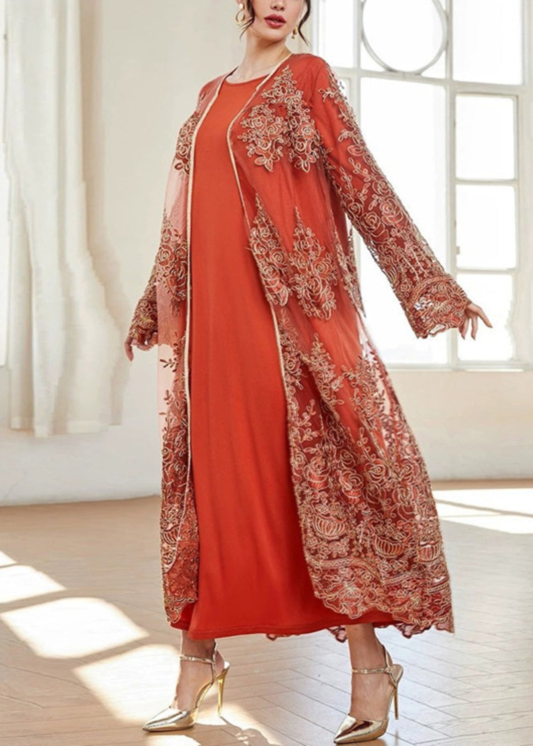 French Orange Embroidered Solid Tulle Two Piece Suit Spring AA1039