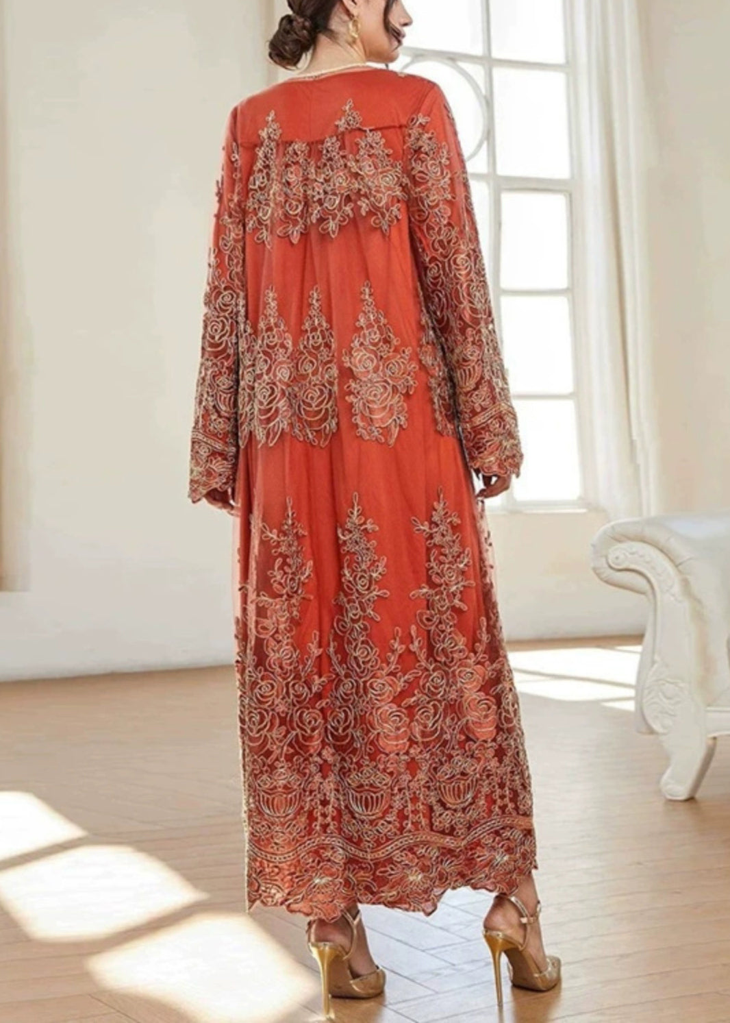 French Orange Embroidered Solid Tulle Two Piece Suit Spring AA1039