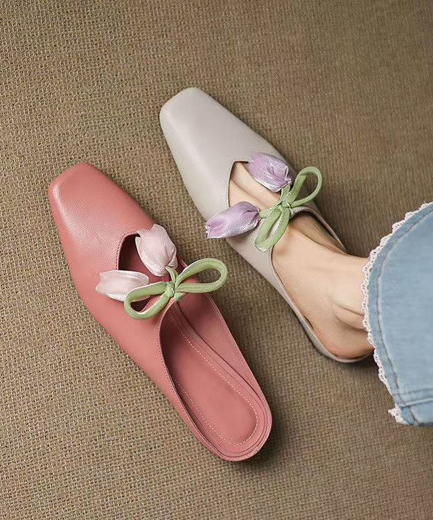 French Floral Pink Cowhide Leather Slide Sandals Splicing