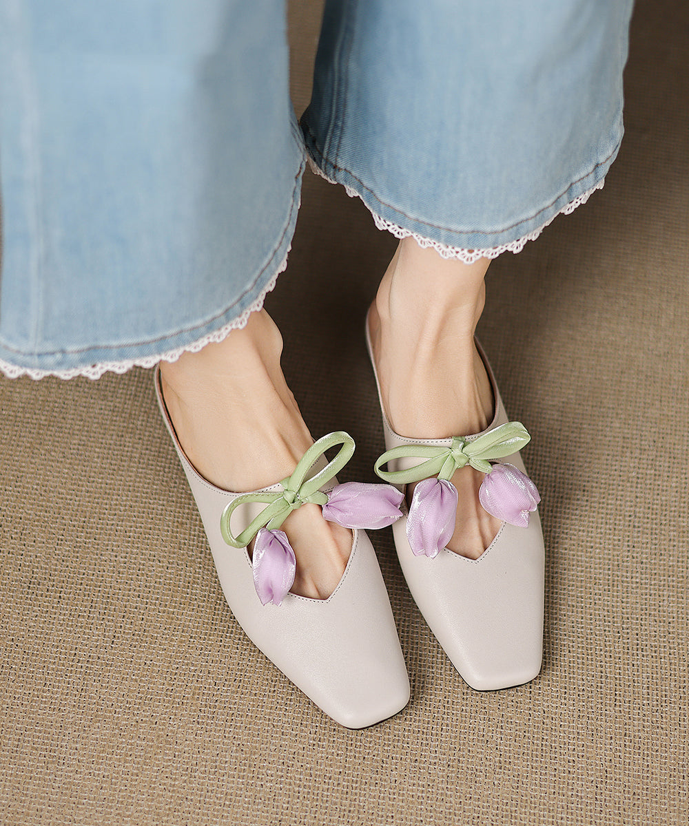 French Floral Pink Cowhide Leather Slide Sandals Splicing