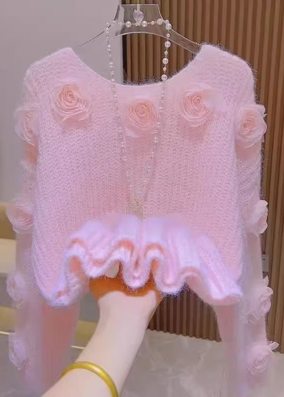French Pink O Neck Floral Decorated Knit Pullover Spring YY017