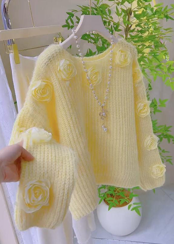 French Pink O Neck Floral Decorated Knit Pullover Spring YY017