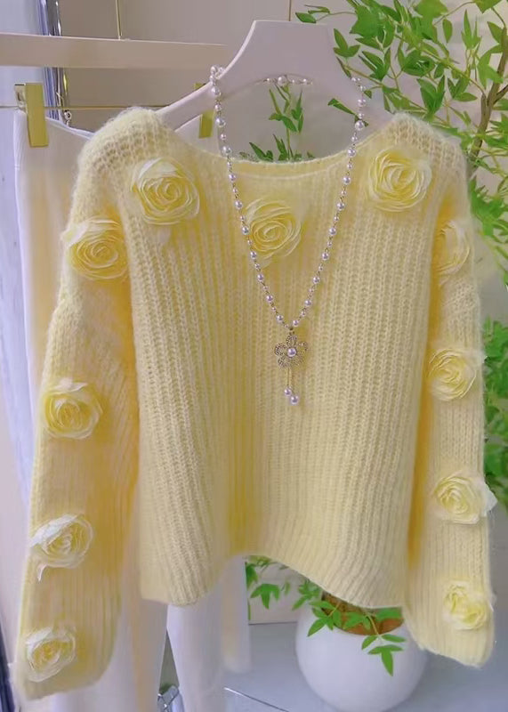 French Pink O Neck Floral Decorated Knit Pullover Spring YY017